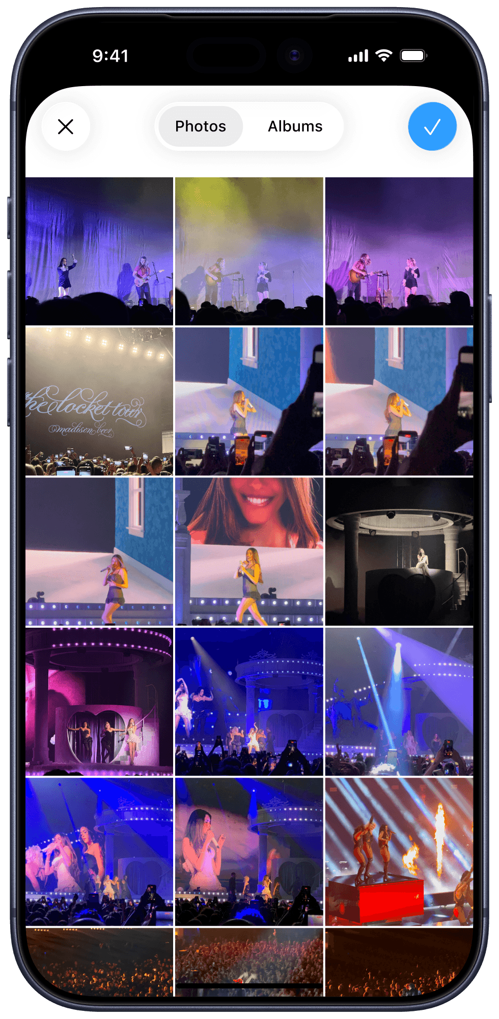 A crowded camera roll, the concert photos buried in the scroll