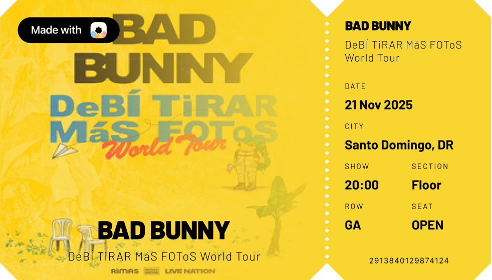 The Arpege ticket template, featuring Bad Bunny