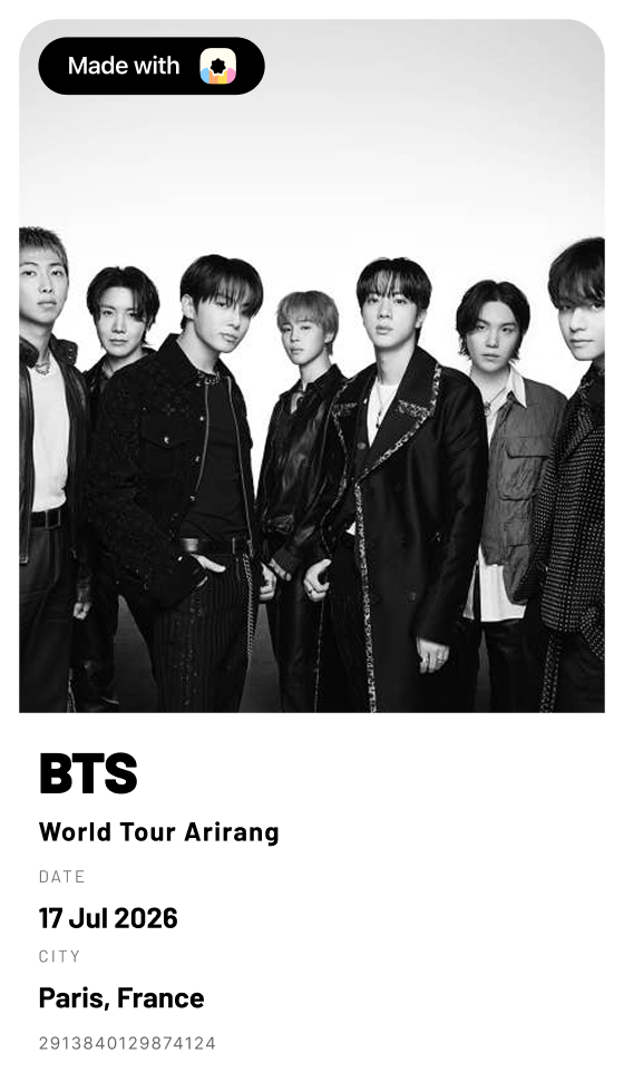 The Rhythm ticket template, featuring BTS