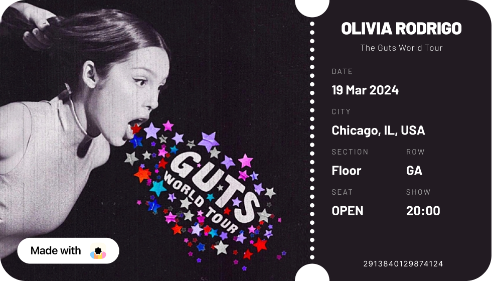 The Arena ticket template, featuring Olivia Rodrigo